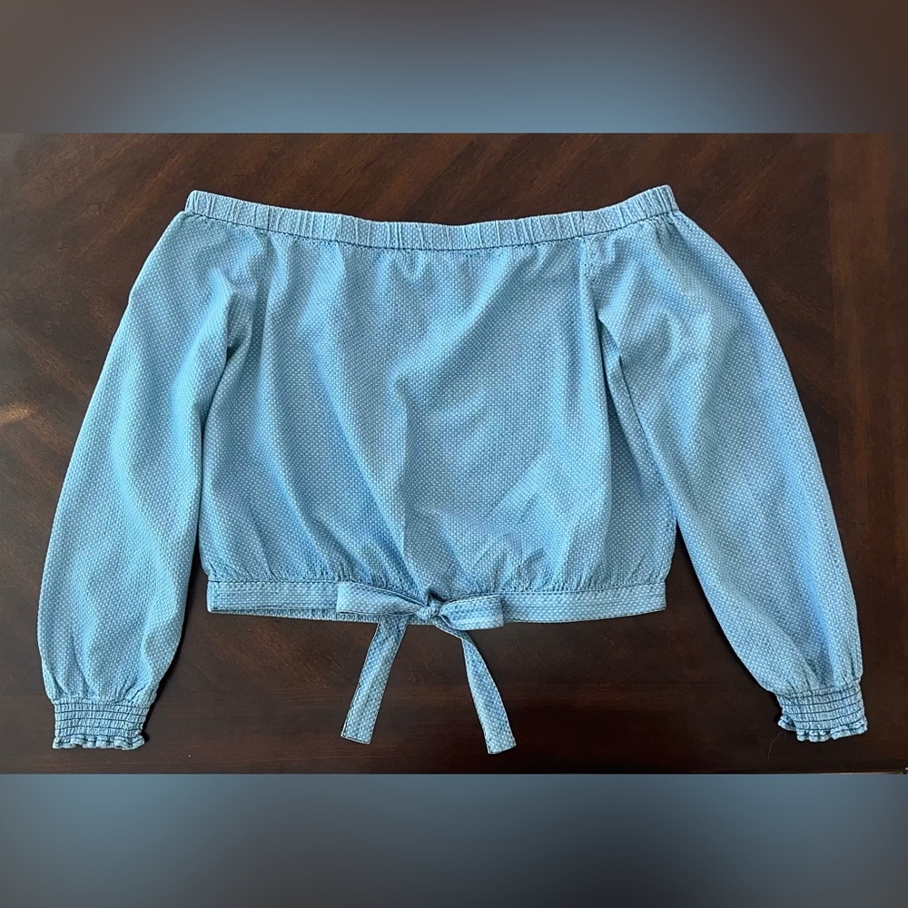 Denim Blue Boho-Chic Off-Shoulder Textured Long Sleeve Tie-Front Top | Size L